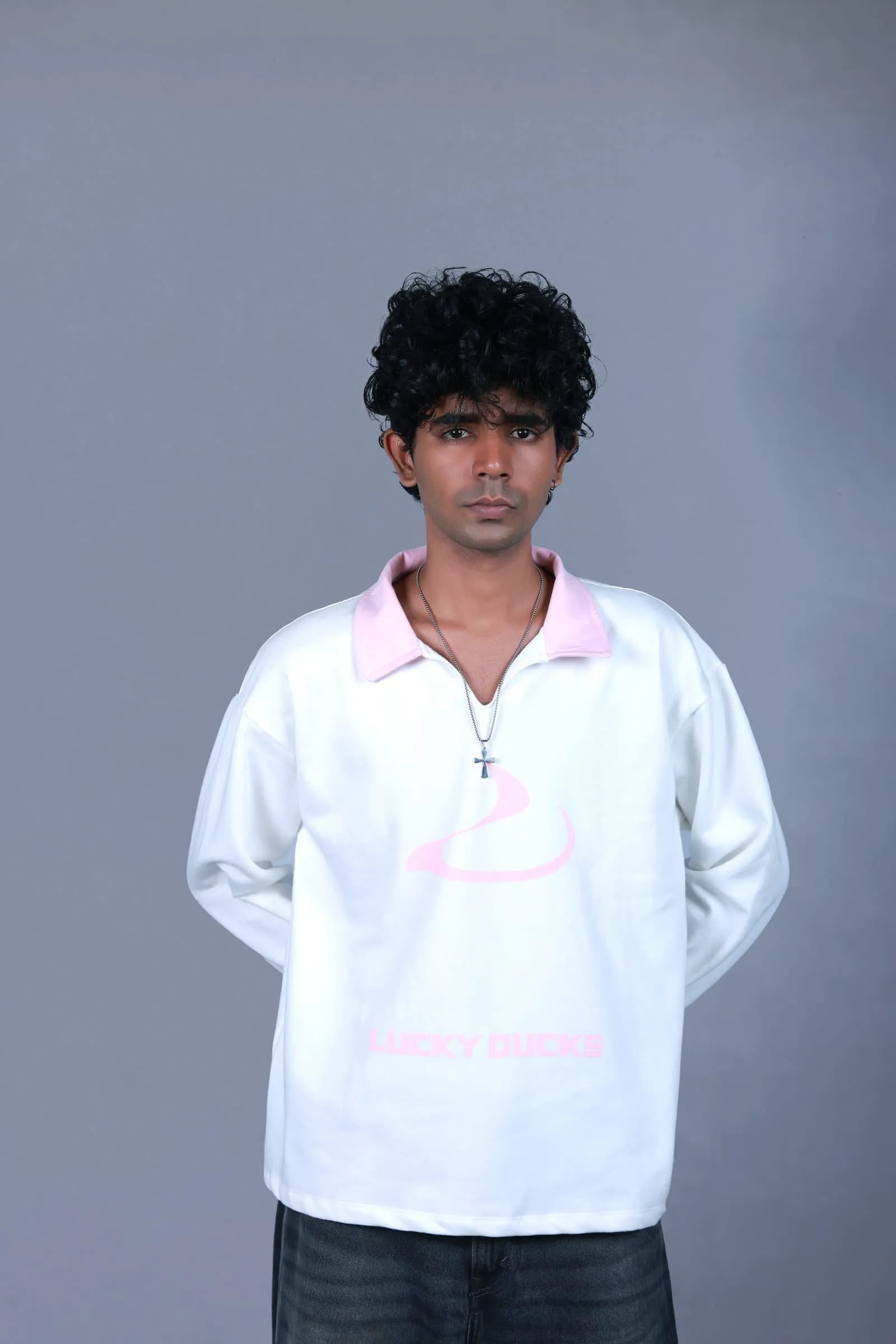Signature Collared Long-Sleeve in white with a pink collar and pink Lucky Ducks print